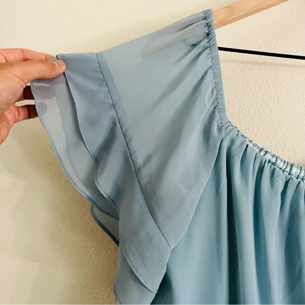 Ceremony by Joanna August Women's Slate Blue Chiffon Maggie Dress Long Med NWT